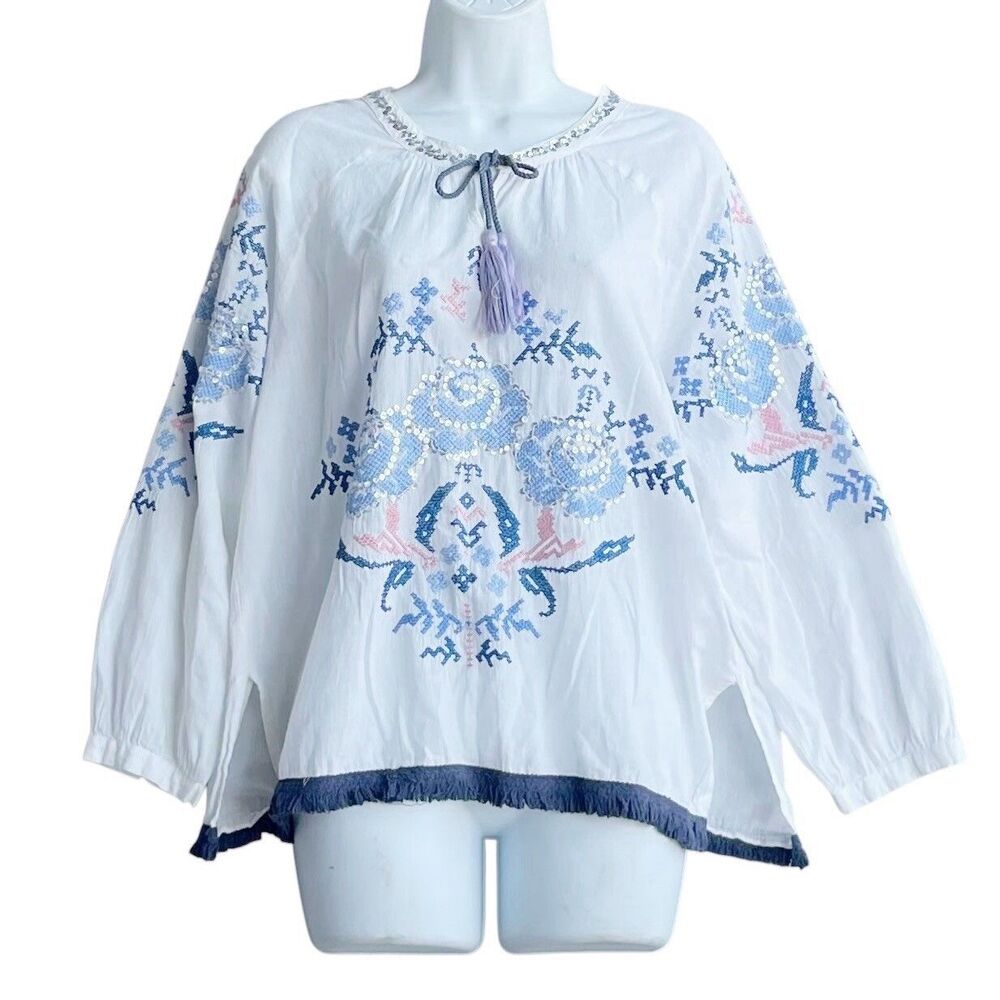 RUBY YAYA Embroidered Peasant Boho Top L White Floral Long Sleeve Tassel Blouse
